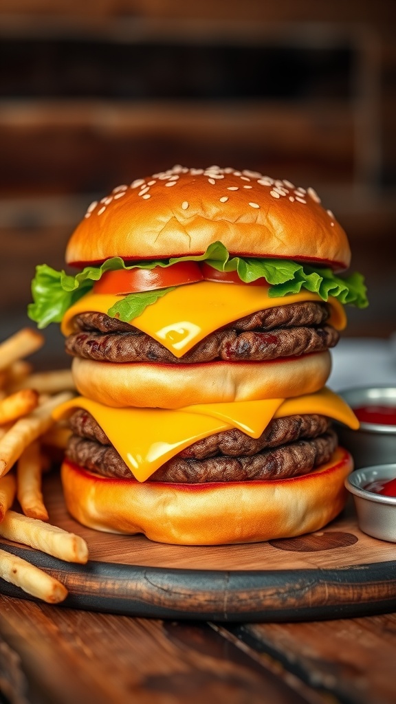 A delicious double cheeseburger with beef patties, cheese, lettuce, and tomato on a wooden table with fries.